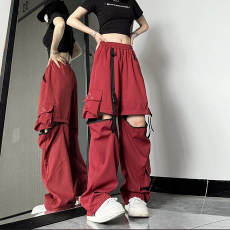 2WAY カーゴパンツ ワイドパンツ バックルベルト ストラップ ミリタリーパンツ アシンメトリー ウエストゴム 韓国ファッション レディース カジュアル DTC-656242658198_2