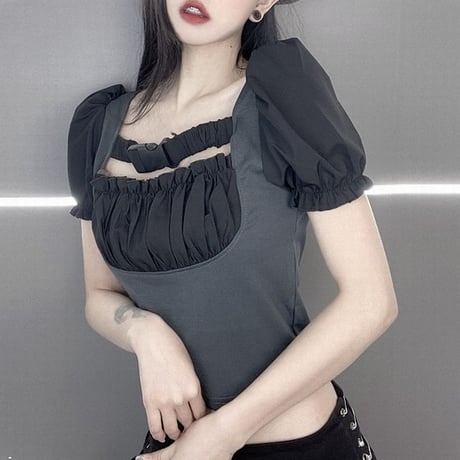 Tシャツ クロップド丈 へそ出し パフスリーブ スリムフィット 半袖Tシャツ 半袖 ショート丈 韓国ファッション レディース 大人可愛い ガーリー カジュアル DTC-675249391772