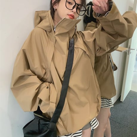 フード付き トレンチ ジャケット スタンドカラー ジップアップ ドローコード ルーズ 長袖 レトロ 韓国ファッション レディース 大人可愛い ガーリー カジュアル DTC-684850974613