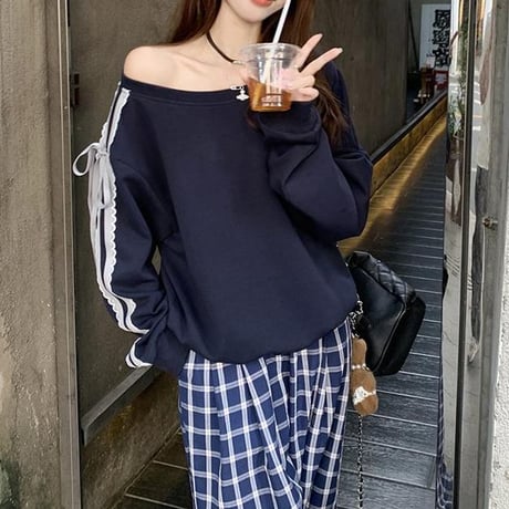 スウェット サイドライン レース リボン ワンショルダー トップス オフショルダー トレーナー ルーズ 長袖 レトロ 大人可愛い ガーリー カジュアル DTCA-851215068142