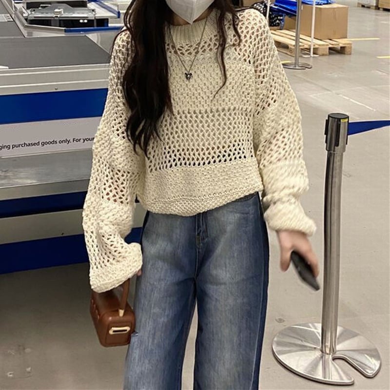 ニット トップス 透かし編み ボーダー ルーズ 肌チラ 長袖