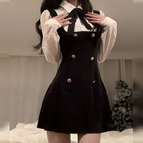 フェイクレイヤード ミニワンピース リボン シャツワンピース ウエストスリム フェイクツーピース ワンピース ハイウエスト 長袖 レトロ 大人可愛い ガーリー DTCA-764003403280