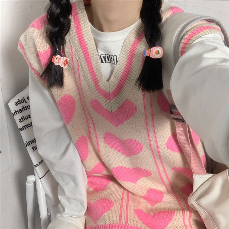 ニットベスト ハート柄 Vネック ゆったり 大きめ ルーズ カジュアル