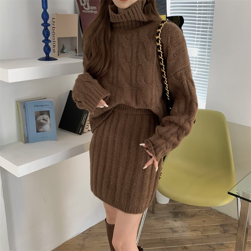 セットアップ タートルネック ニットセーター ニットスカート ケーブル  