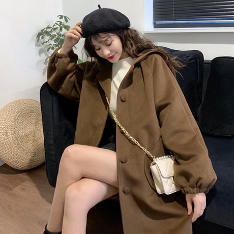フード付き コート 韓国 ファッション レディース ポケット ランタンスリーブ パフ袖 アウター ロング丈コート ウールコート レトロ (DTC-606921346543)