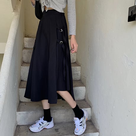 アシンメトリー スカート スプリットスカート 韓国ファッション レディース ロングスカート Aライン バックル ハイウエスト シンプル ガーリー DTC-622923112915