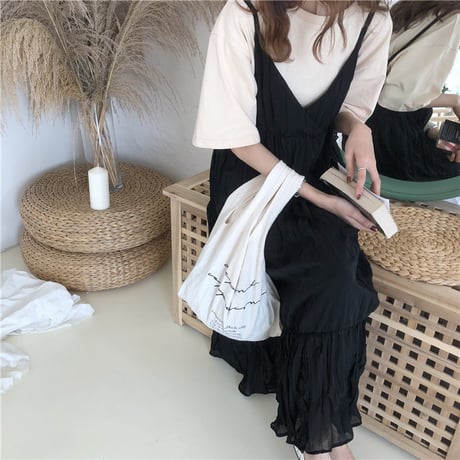 レディース ワッシャー加工 キャミワンピース プリーツ ハイウエスト ロング丈 フェミニン ガーリー 韓国ファッション (DCT-591650249086)