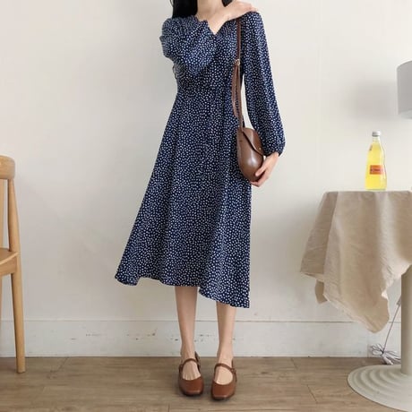 レディース ロングワンピース 長袖 ドット柄 レトロ風 フェミニン Vネック 韓国ファッション オルチャン (DCT-577551628325)