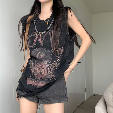 チェーンデザイン タンクトップ ダメージ加工 ウォッシュ加工 ヴィンテージ風 ノースリーブ tシャツ トップス オーバーサイズ レトロ カジュアル ストリート女子 DTCA-795943873261
