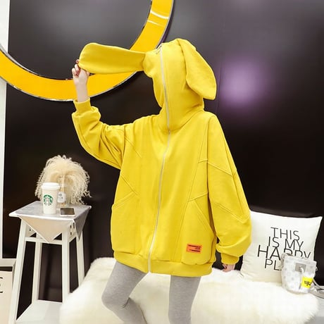 うさ耳 パーカー フルジップアップ 薄手 オーバーサイズ 韓国ファッション レディース トップス 大きめ うさぎ カジュアル ストリートファッション DTC-654223928310