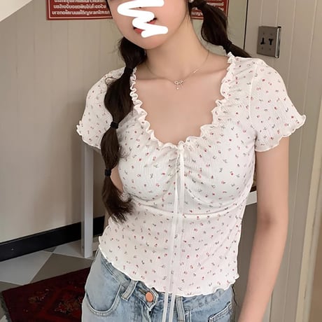 小花柄 ブラウス フリル リボン Tシャツ トップス ショート丈 スリムフィット レースアップ 半袖 レトロ 大人可愛い ガーリー カジュアル フェミニン DTCA-805742781968