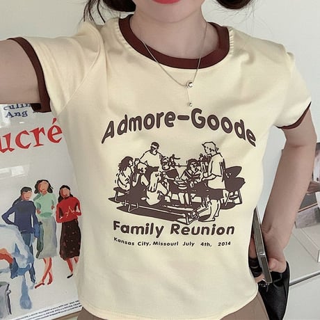 レトロプリント Tシャツ ショート丈 半袖 クルーネック スリムフィット レトロ カジュアル ストリートファッション ストリート系女子 DTCA-702505709620