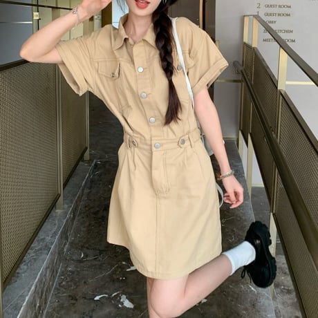 ミリタリー風 デニム ワンピース ウエストマーク ミニ丈 半袖 ハイウエスト Aライン ミニワンピース レトロ 韓国ファッション レディース 大人可愛い ガーリー DTCA-677512236115