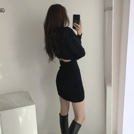 ニットワンピース 背中開き 背中見せ ツイスト編み ハイウエスト 韓国ファッション レディース ニット ワンピース 無地 大人可愛い ガーリー DTC-629490442432