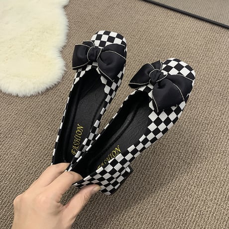 パンプス リボン 22.5～24.5cm ローヒール 無地 千鳥格子 ブロックチェック柄 スクエアトゥ 歩きやすい 疲れない 美脚 韓国ファッション レディース DTC-667471065802