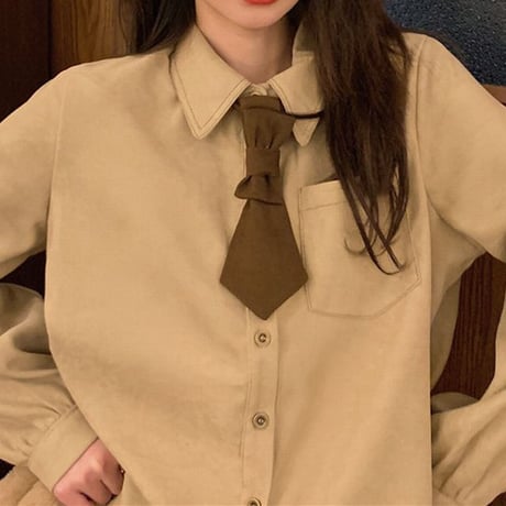【3カラー】 ネクタイ付き ブラウス シャツ ポロカラー 長袖 ルーズ ゆったり レトロ 韓国ファッション レディース 大人可愛い ガーリー フェミニン カジュアル DTC-666006672660