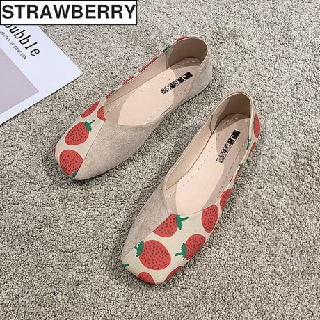 パンプス フルーツ柄 フラットシューズ ぺたんこ 韓国ファッション レディース シンプル フラットパンプス シューズ いちご柄 パイナップル柄 チェリー柄 かわいい 610995457990
