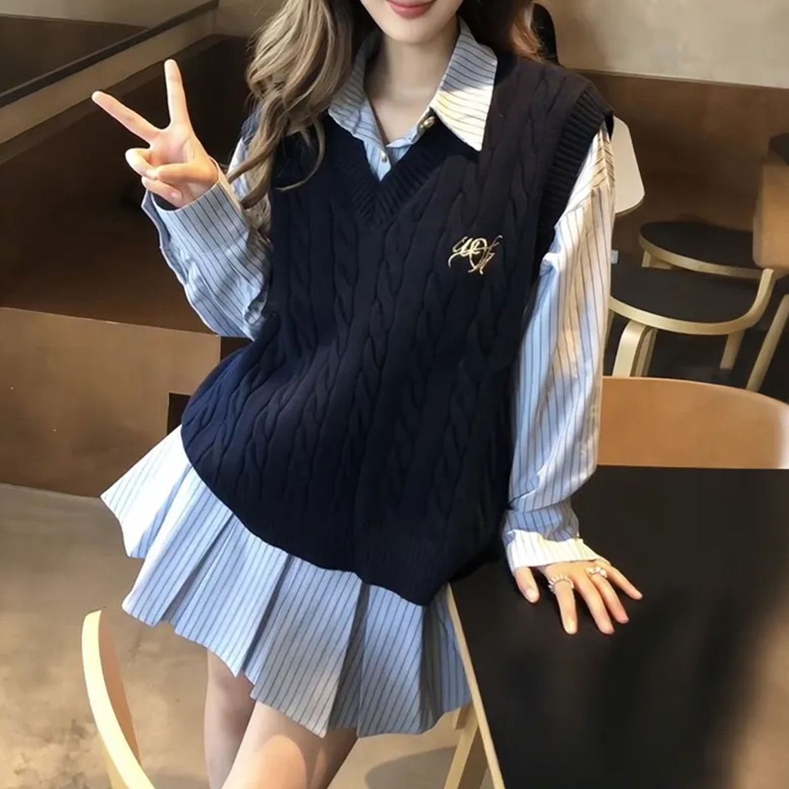 2点セット セットアップ ニットベスト シャツワンピース Vネック