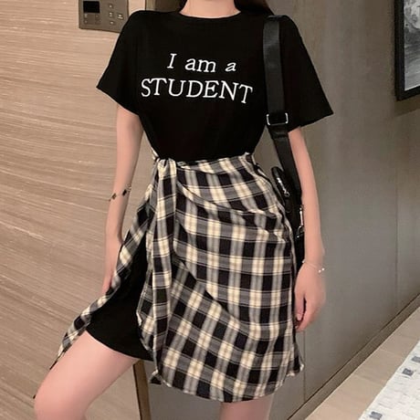 ドッキングワンピース フェイクレイヤード ワンピース Tシャツ チェック柄 ハイウエスト 半袖 韓国ファッション レディース 大人可愛い ガーリー カジュアル DTC-669317161455