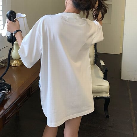 Tシャツ 半袖 デニムミックス 異素材 オーバーサイズ ルーズ 韓国ファッション レディース 大人可愛い ガーリー カジュアル 韓国ストリートファッション DTC-675175759418