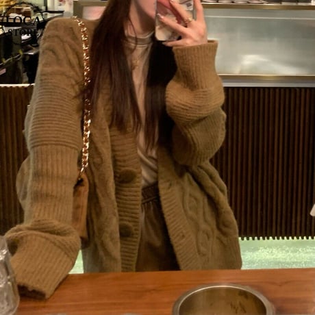 ケーブル編み カーディガン オーバーサイズ ニット Vネック 長袖 ルーズ ゆったり ルーズ レトロ 韓国ファッション レディース 大人可愛い ガーリー カジュアル DTC-736110155925