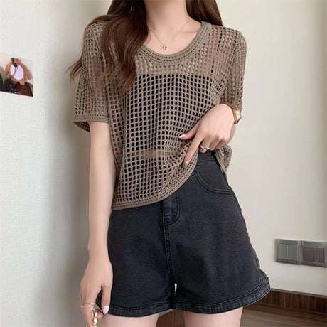 サマーニット メッシュ トップス プルオーバー tシャツ 透かし編み クルーネック ショート丈 レイヤードトップス 半袖 レトロ 大人可愛い ガーリー カジュアル DTCA-676945045996