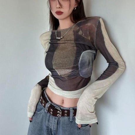 シアートップス 配色 薄手 Uネック シアーtシャツ tシャツ トップス ショート丈 スリムフィット 長袖 レトロ 大人可愛い ガーリー カジュアル DTCA-718107452786