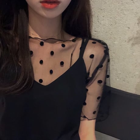 セットアップ 2点セット キャミワンピース ドット柄 レース Tシャツ ノースリーブ 大人可愛い ガーリー 韓国ファッション レディース DCT-621675137865