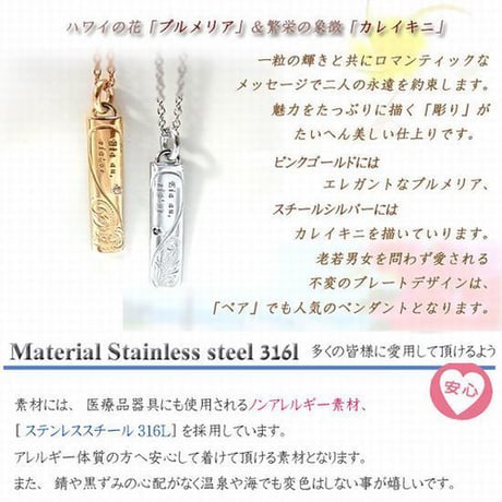 ハワイアンジュエリー HawaiianJewelry プレートネックレス 金属アレルギー対応 プルメリア キュービックジルコニア メンズ レディース サージカルステンレス Gps8779-8780