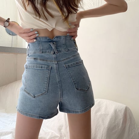 ハイウエスト デニムショートパンツ タイト デニム デニム短パン ショーパン ショートパンツ レトロ 韓国ファッション レディース 大人可愛い ガーリー カジュアル DTC-646974335441