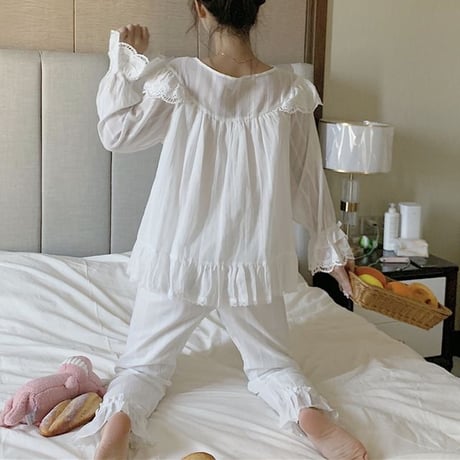 ルームウェア パジャマ セットアップ レースフリル リボン Vネック 上下セット トップス パンツ 長袖 部屋着 韓国ファッション レディース 大人可愛い ガーリー DTC-650941696626