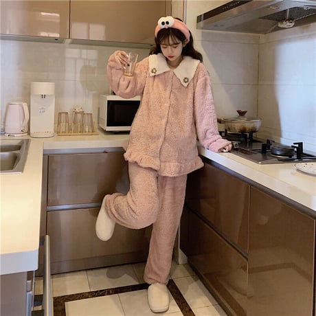ルームウェア パジャマ セットアップ トップス + パンツ もこもこ 上下セット 長袖 厚手 韓国ファッション レディース フリース ガーリー レトロ 629614343345
