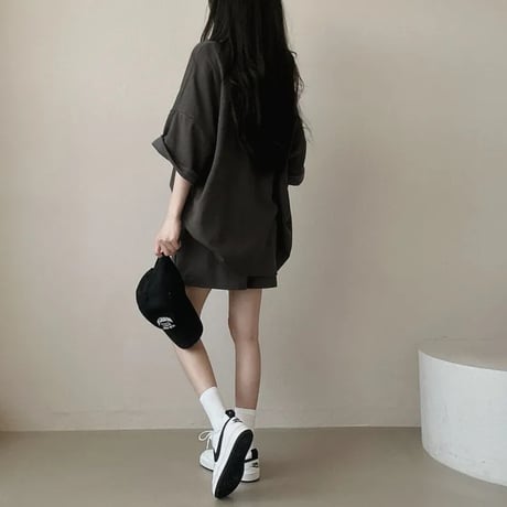 セットアップ 2点セット tシャツ ショートパンツ オーバーサイズ クルーネック 無地 ルームウェア レトロ 大人可愛い ガーリー カジュアル DTCA-839400393323
