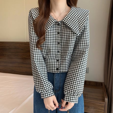 ブラウス風 ショートジャケット 千鳥格子 アウター ビッグカラー チェック柄 ジャケット ショート丈 レトロ 韓国ファッション レディース 大人可愛い ガーリー DTC-665439445191