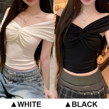 オフショルダー Tシャツ クロスデザイン トップス スリムフィット ショート丈 カットソー 半袖 レトロ 大人可愛い ガーリー DTCA-908624611946