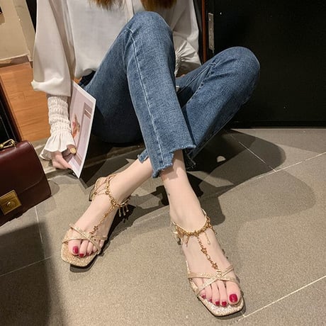 サンダル ラインストーン クロスストラップ 5cm チャンキーヒール スクエアトゥ 韓国ファッション レディース アンクルストラップ パンプス 597321753157