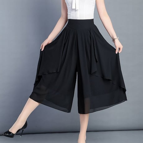 レディース レースフリル ワイドパンツ クロップドパンツ スカート風パンツ ガウチョ 韓国ファッション  (DCT-588962570413_a)
