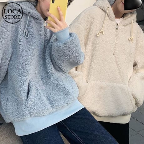 ボアパーカー ハーフジップ プルオーバー 韓国ファッション レディース ゆったり フード 体型カバー シンプル ホワイト ブルー 秋 冬 カジュアル 韓国 (DTC-605864650949)