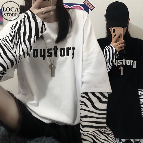フェイクレイヤード ドッキングトップス tシャツ ロンT ゼブラ柄 長袖 レトロ 韓国ファッション レディース 大人可愛い ガーリー カジュアル ストリート系 DTC-625297358508