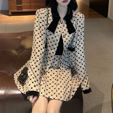 セットアップ チェック柄 ショートジャケット プリーツスカート シングルブレスト 長袖 韓国ファッション レディース 2点セット 大人可愛い ガーリー フェミニン DTC-656353247473