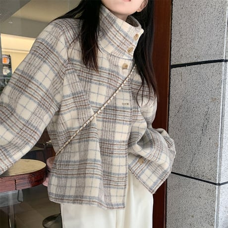 チェック柄 ショートコート スタンドカラー フェイクウール ボタン ルーズ 長袖 レトロ 韓国ファッション レディース 大人可愛い ガーリー DTC-690298555703