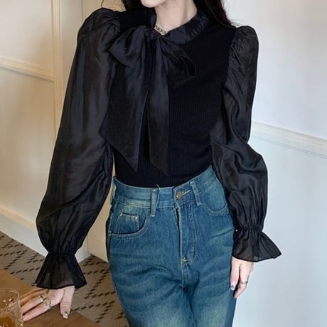 ブラウス 異素材 リボン ボウタイ スリムフィット フレアスリーブ 長袖 シフォン レトロ 韓国ファッション レディース 大人可愛い ガーリー フェミニン DTC-686685795811