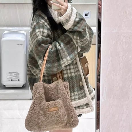 チェック柄 ボアジャケット アウター フェイクラムウール オーバーサイズ 防寒 ゆったり 長袖 冬 レトロ 韓国ファッション レディース 大人可愛い ガーリー DTCA-840018887119