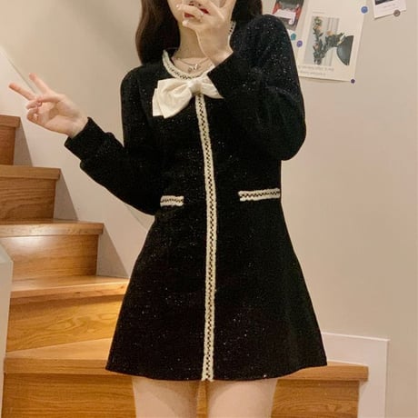 ワンピース リボン ハイウエスト 長袖 Aライン レトロ 韓国ファッション レディース 大人可愛い ガーリー フェミニン DTC-664245685395