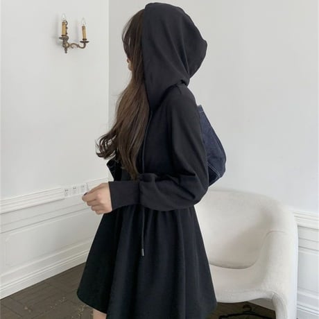 フード付き ワンピース ハーフジップ ウエストマーク タック ハイウエスト パーカーワンピース ミニワンピース Aライン 長袖 レトロ 大人可愛い ガーリー DTCA-826477935653