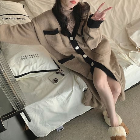 ロングカーディガン V ネック バイカラー ニット カーディガン ロング丈 長袖 韓国ファッション レディース レトロ 大人可愛い ガーリー DTC-691112682616