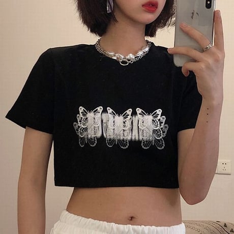 Tシャツ バタフライ柄 クロップド丈 ショート丈 半袖 へそ出し ブラック レトロ 韓国ファッション レディース 大人可愛い ガーリー カジュアル ストリート系 DTC-618248734673
