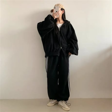 セットアップ 上下セット スウェット サイドライン ダブルジップ パーカー パンツ ジャージ ルーズ レトロ 大人可愛い ガーリー カジュアル DTCA-858330931501