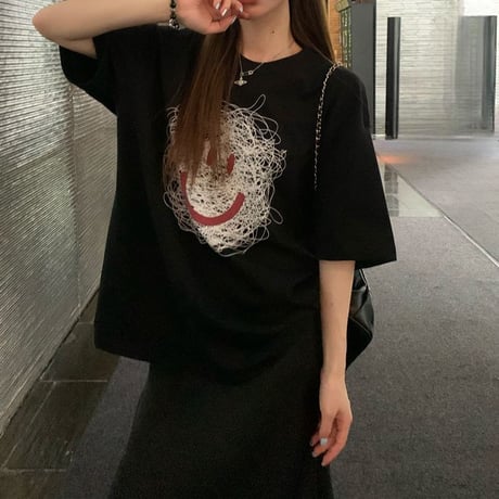 Tシャツ スマイリー フェイス プリント トップス 半袖 オーバーサイズ レトロ 韓国ファッション レディース 大人可愛い ガーリー カジュアル DTC-809615850942