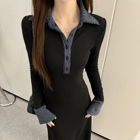 襟付き ニットワンピース スリムフィット  ロングワンピース ワンピース Aライン 長袖 レトロ 韓国ファッション レディース 大人可愛い ガーリー DTCA-868291827976